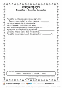 Uzupełnij rym — Pszczółka (Stanisław Jachowicz): karta pracy z lukami w rymach, A4