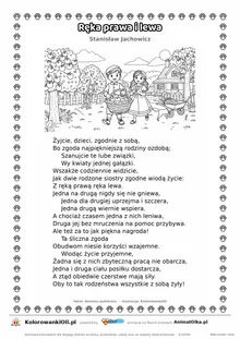 Ręka prawa i lewa (Stanisław Jachowicz) — tekst wiersza i ilustracja do kolorowania, karta A4 do druku