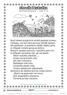 Słowik i kukułka (Stanisław Jachowicz) — tekst wiersza i ilustracja do kolorowania (część 1 z 2), karta A4 do druku