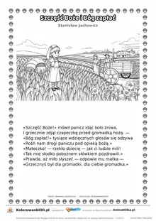 Szczęść Boże i Bóg zapłać (Stanisław Jachowicz) — tekst wiersza i ilustracja do kolorowania, karta A4 do druku