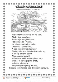 Wieczór pod drzewkami (Stanisław Jachowicz) — tekst wiersza i ilustracja do kolorowania (część 1 z 2), karta A4 do druku