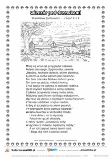 Wieczór pod drzewkami (Stanisław Jachowicz) — tekst wiersza i ilustracja do kolorowania (część 2 z 2), karta A4 do druku