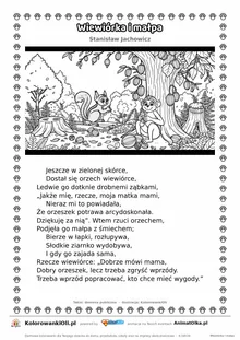 Wiewiórka i małpa (Stanisław Jachowicz) — tekst wiersza i ilustracja do kolorowania, karta A4 do druku