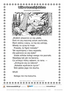 Wilk w baraniej skórze (Stanisław Jachowicz) — tekst wiersza i ilustracja do kolorowania, karta A4 do druku