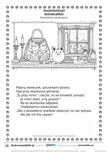 Woreczek jedwabny i skarbonka gliniana (Stanisław Jachowicz) — tekst wiersza i ilustracja do kolorowania, karta A4 do druku