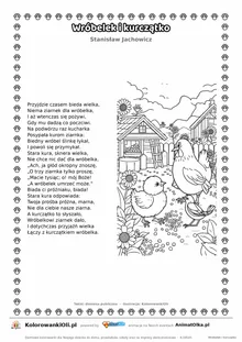 Wróbelek i kurczątko (Stanisław Jachowicz) — tekst wiersza i ilustracja do kolorowania, karta A4 do druku