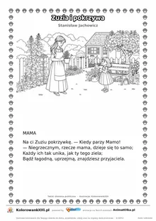 Zuzia i pokrzywa (Stanisław Jachowicz) — tekst wiersza i ilustracja do kolorowania, karta A4 do druku
