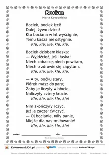 Bocian (Maria Konopnicka) — tekst wiersza do druku A4 z ramką do pokolorowania
