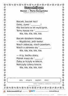 Uzupełnij rym — Bocian (Maria Konopnicka): karta pracy z lukami w rymach, A4