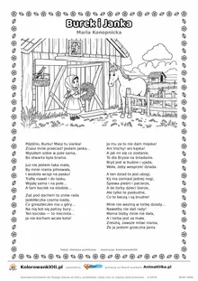 Burek i Janka (Maria Konopnicka) — tekst wiersza i ilustracja do kolorowania, karta A4 do druku
