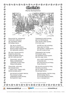 Choinka (Maria Konopnicka) — tekst wiersza i ilustracja do kolorowania, karta A4 do druku