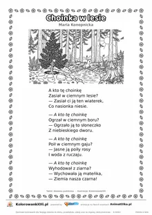 Choinka w lesie (Maria Konopnicka) — tekst wiersza i ilustracja do kolorowania, karta A4 do druku