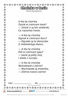 Choinka w lesie (Maria Konopnicka) — tekst wiersza do druku A4 z ramką do pokolorowania