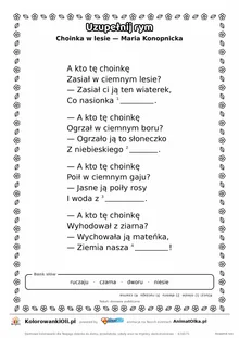 Uzupełnij rym — Choinka w lesie (Maria Konopnicka): karta pracy z lukami w rymach, A4