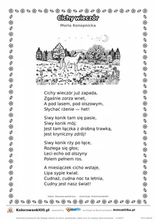 Cichy wieczór (Maria Konopnicka) — tekst wiersza i ilustracja do kolorowania, karta A4 do druku