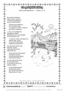 Co gołąbki widzą (Maria Konopnicka) — tekst wiersza i ilustracja do kolorowania (część 1 z 2), karta A4 do druku