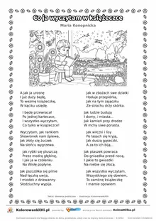 Co ja wyczytam w książeczce (Maria Konopnicka) — tekst wiersza i ilustracja do kolorowania, karta A4 do druku