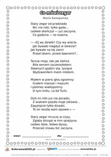 Co mówi zegar (Maria Konopnicka) — tekst wiersza dla dzieci do druku na A4 z ramką do pokolorowania
