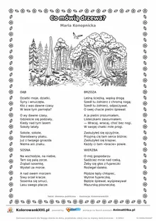 Co mówią drzewa? (Maria Konopnicka) — tekst wiersza i ilustracja do kolorowania, karta A4 do druku