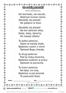 Co robią ptaszki (Maria Konopnicka) — tekst wiersza do druku A4 z ramką do pokolorowania