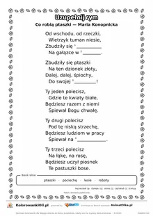 Uzupełnij rym — Co robią ptaszki (Maria Konopnicka): karta pracy z lukami w rymach, A4