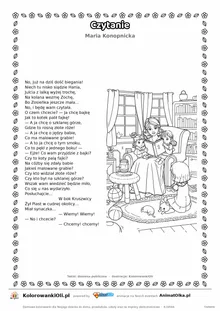 Czytanie (Maria Konopnicka) — tekst wiersza i ilustracja do kolorowania, karta A4 do druku