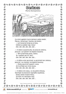 Derkacz (Maria Konopnicka) — tekst wiersza i ilustracja do kolorowania, karta A4 do druku