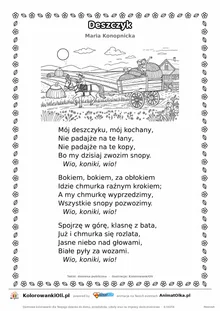 Deszczyk (Maria Konopnicka) — tekst wiersza i ilustracja do kolorowania, karta A4 do druku