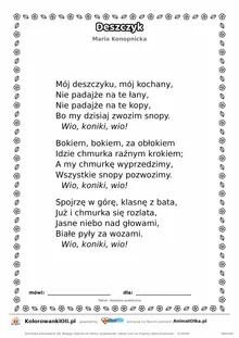 Deszczyk (Maria Konopnicka) — tekst wiersza do druku A4 z ramką do pokolorowania