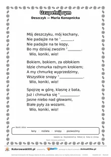 Uzupełnij rym — Deszczyk (Maria Konopnicka): karta pracy z lukami w rymach, A4