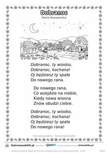 Dobranoc (Maria Konopnicka) — tekst wiersza i ilustracja do kolorowania, karta A4 do druku