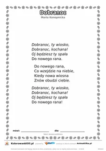 Dobranoc (Maria Konopnicka) — tekst wiersza do druku A4 z ramką do pokolorowania