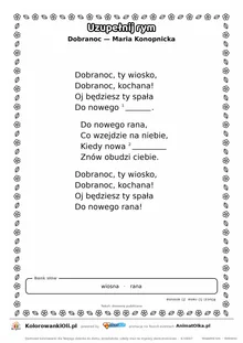 Uzupełnij rym — Dobranoc (Maria Konopnicka): karta pracy z lukami w rymach, A4