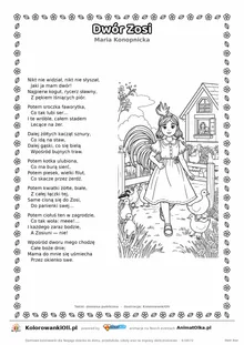 Dwór Zosi (Maria Konopnicka) — tekst wiersza i ilustracja do kolorowania, karta A4 do druku