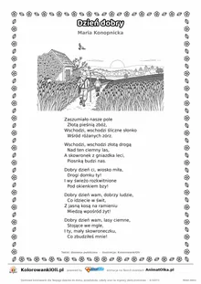 Dzień dobry (Maria Konopnicka) — tekst wiersza i ilustracja do kolorowania, karta A4 do druku