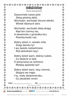 Dzień dobry (Maria Konopnicka) — tekst wiersza do druku A4 z ramką do pokolorowania
