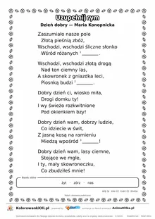 Uzupełnij rym — Dzień dobry (Maria Konopnicka): karta pracy z lukami w rymach, A4