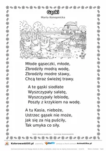 Gąski (Maria Konopnicka) — tekst wiersza i ilustracja do kolorowania, karta A4 do druku