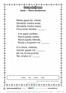 Uzupełnij rym — Gąski (Maria Konopnicka): karta pracy z lukami w rymach, A4