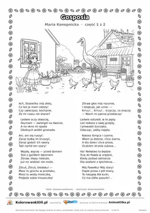 Gosposia (Maria Konopnicka) — tekst wiersza i ilustracja do kolorowania (część 1 z 2), karta A4 do druku
