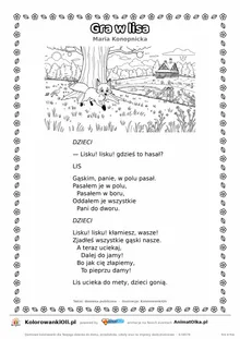 Gra w lisa (Maria Konopnicka) — tekst wiersza i ilustracja do kolorowania, karta A4 do druku