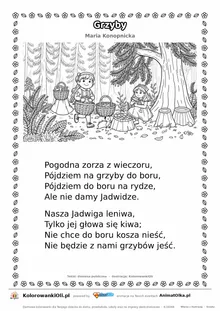 Grzyby (Maria Konopnicka) — tekst wiersza i ilustracja do kolorowania, karta A4 do druku