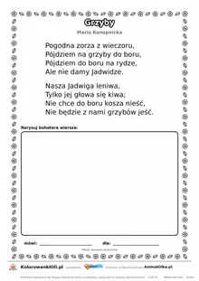 Grzyby (Maria Konopnicka) — tekst wiersza do druku A4 z ramką do pokolorowania