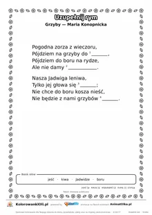 Uzupełnij rym — Grzyby (Maria Konopnicka): karta pracy z lukami w rymach, A4