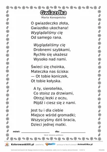 Gwiazdka (Maria Konopnicka) — tekst wiersza do druku A4 z ramką do pokolorowania
