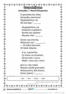 Uzupełnij rym — Gwiazdka (Maria Konopnicka): karta pracy z lukami w rymach, A4