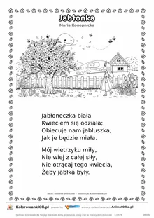 Jabłonka (Maria Konopnicka) — tekst wiersza i ilustracja do kolorowania, karta A4 do druku