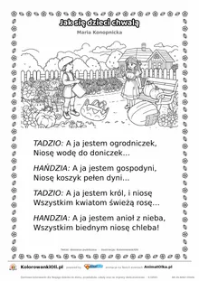 Jak się dzieci chwalą (Maria Konopnicka) — tekst wiersza i ilustracja do kolorowania, karta A4 do druku