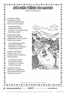 Jak szła Wisła do morza (Maria Konopnicka) — tekst wiersza i ilustracja do kolorowania, karta A4 do druku