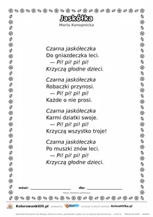 Jaskółka (Maria Konopnicka) — tekst wiersza do druku A4 z ramką do pokolorowania